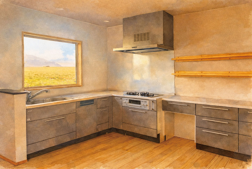 L字型のキッチン。窓からは遮るもののない広大な田園風景が。